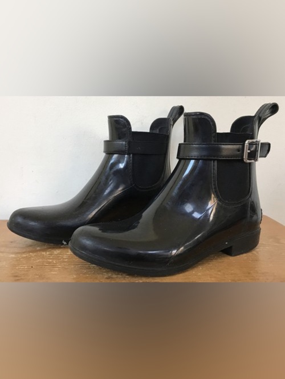 Marc Fisher Glossy Black Ankle Rain Booties with Buckle